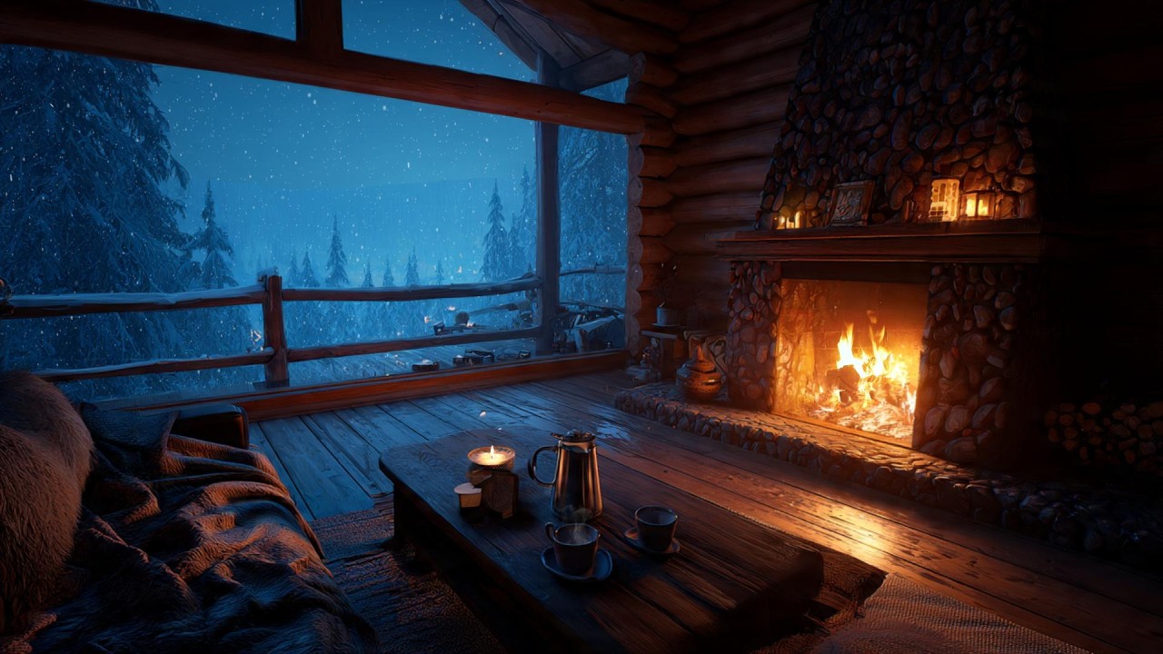Cozy Cabin Winter | 🔥Crackling Fireplace | Relaxing Night Ambience
