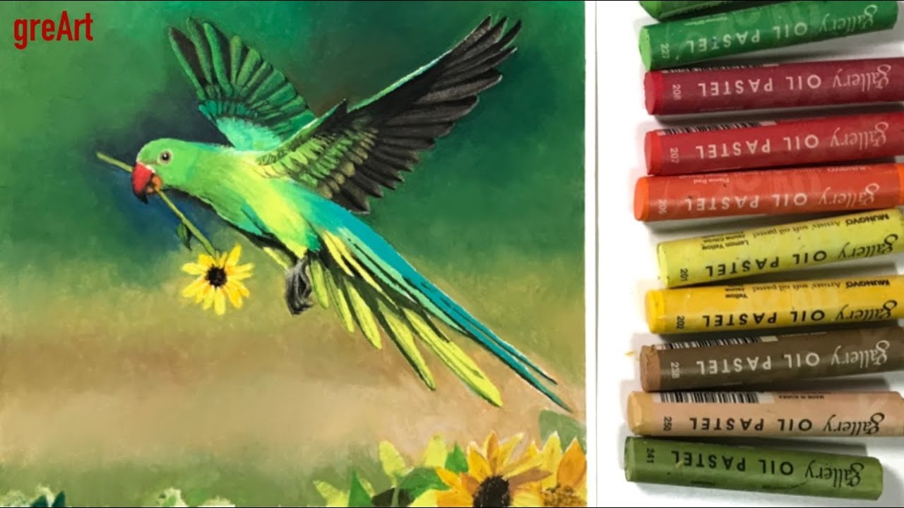 Drawing a green parrot with an oil pastel 오일파스텔로 앵무새 그리기