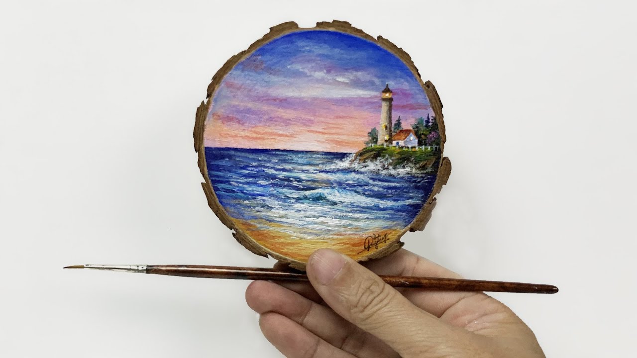 Daily challenge #204 / Acrylic / Lighthouse on Wood Round Art