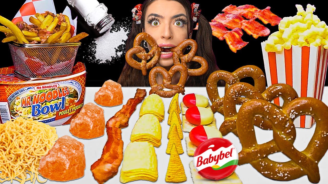 ASMR *SALTY FOOD* GIANT PRETZELS, BACON FRENCH FRIES, PRINGLES CHIPS, MR NOODLE, BUGLES, BABYBEL 먹방