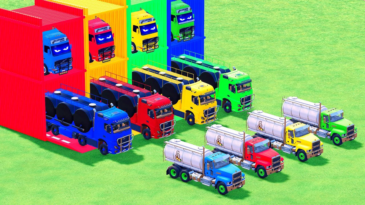 Garage with Colors - ALL MIXER TRUCK WITH DOUBLE FLATBED TRAILER TRUCK, SCANIA, MACK #70 - FS22