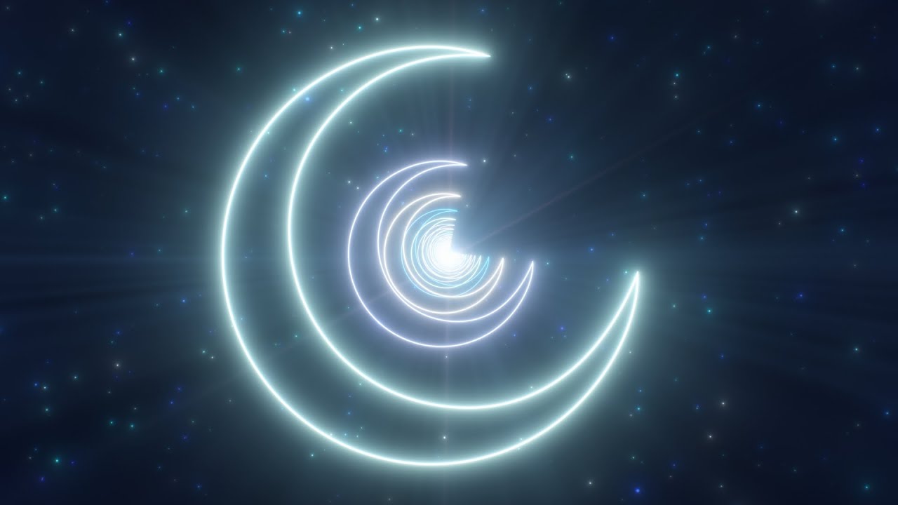 Crescent Moon Neon Lights Tunnel in Night Sky Abstract Glow Particles 4K Moving Wallpaper Background