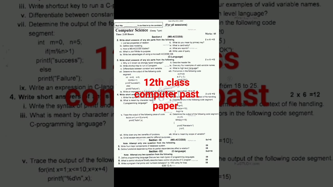 12th class computer science past papers ll important questions