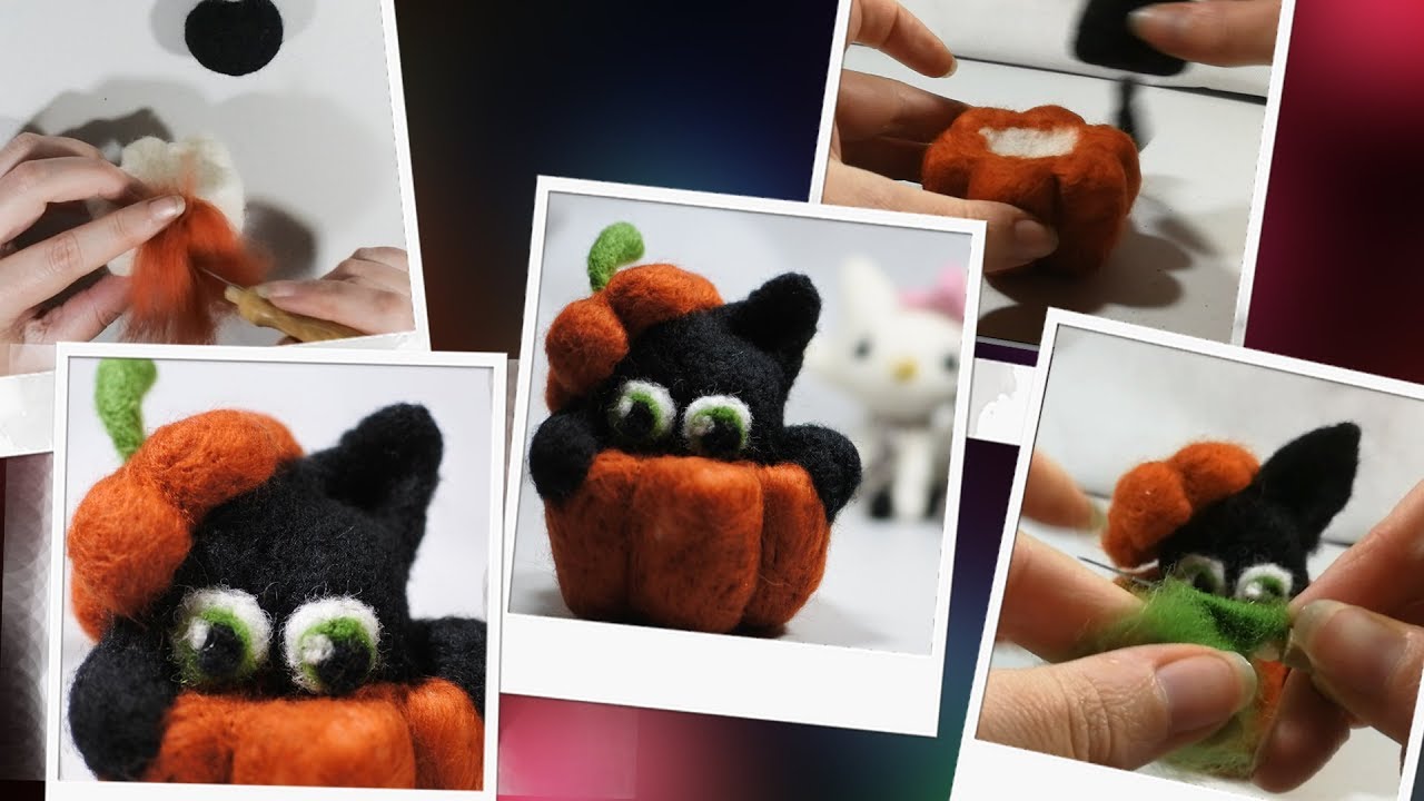 A needle felted Cat in a Halloween pumpkin