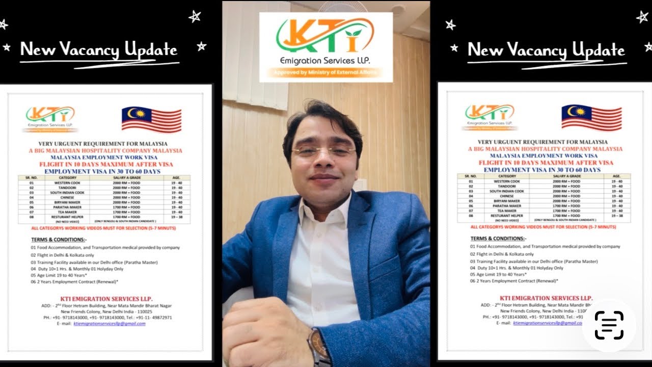 Kti Emigration Services LLP, New Vacancy update, Resturant jobs open For Indian workers, Malaysia 🇲🇾