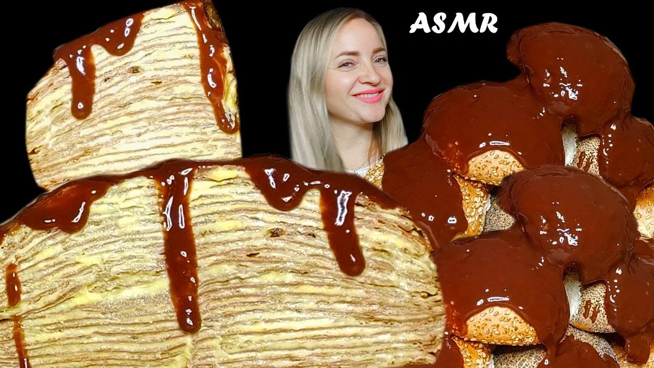Lemon CREPE CAKE & Fluffy BUNS with CHOCOLATE | ASMR Eating Homemade Crepe Cake | Nusha ASMR