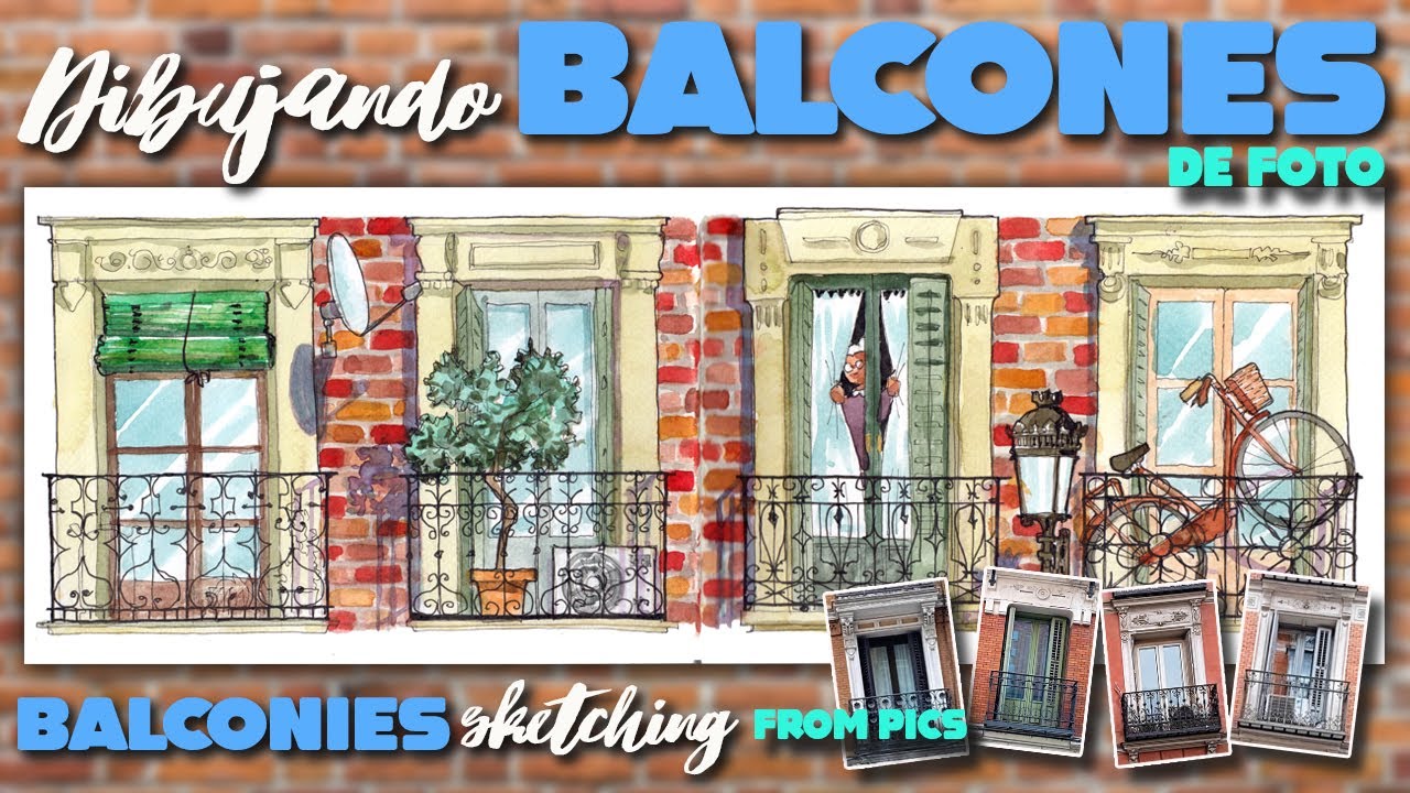 Aprende a 🎨 dibujar balcones a lápiz, tinta y acuarela. Balconies sketch in pen, ink & watercolor.
