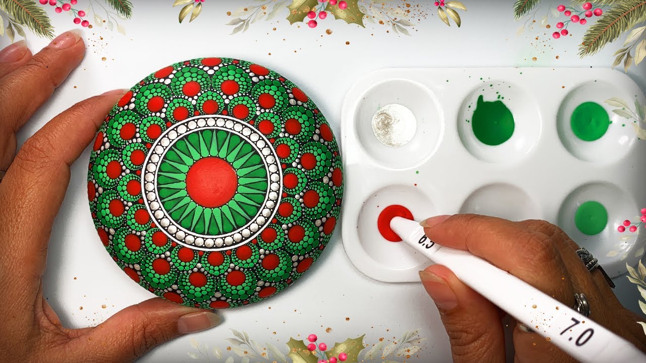 Christmas Mandala Dot Art Rock Painting - How To Step By Step Tutorial - Satisfying & Relaxing Video