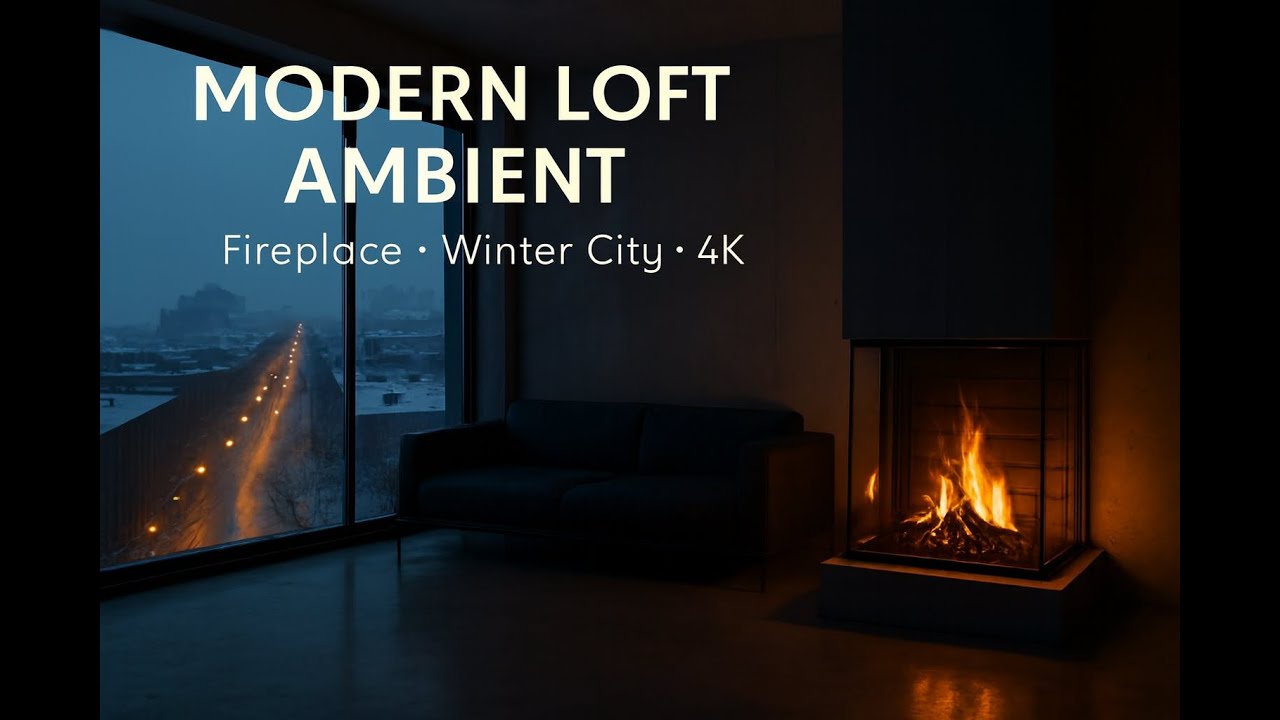 Modern Loft Fireplace Ambient (4K) | Winter City Night Minimal Music for Focus, Study & Sleep