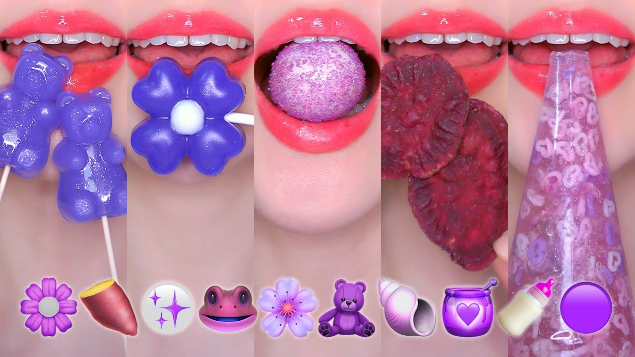 ASMR Purple Emoji Food 🌼🍠🟣🐸🌸🧸🐚🍯🍼🟣 보라색 이모지 먹방 젤리 | Eating Sounds MUKBANG