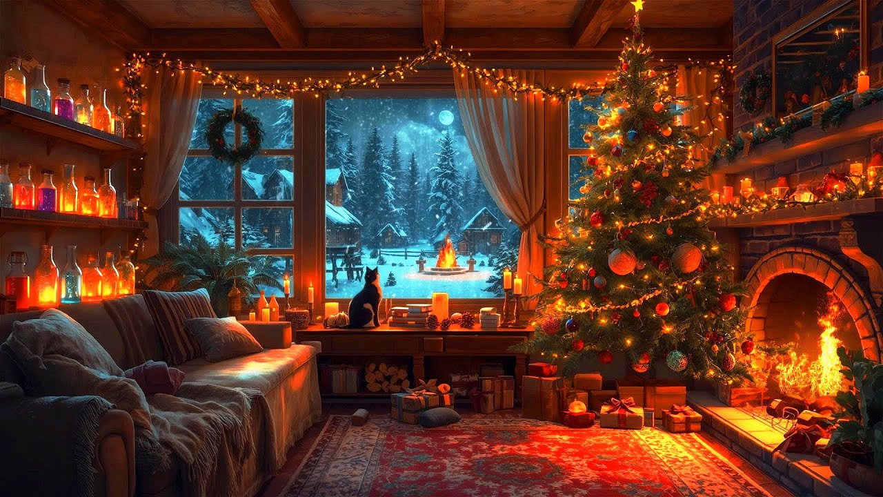 Christmas Shelter Ambience | Warm Enchanted Fireplace Sounds & Cat | Magical Christmas