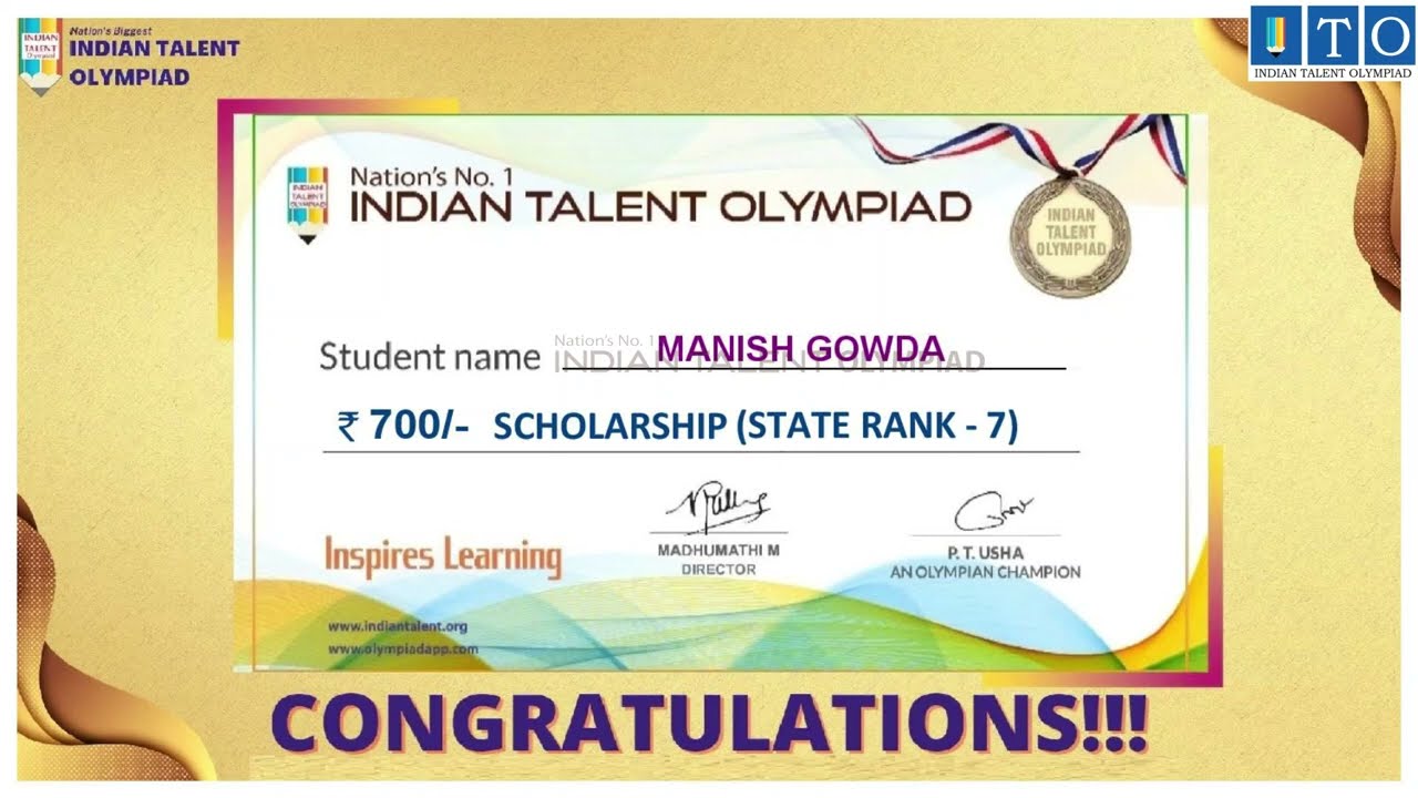 Olympiad Prize Winner STATE TOPPER  RANK - 7 MANISH GOWDA- NIDAGHATTA, KARNATAKA