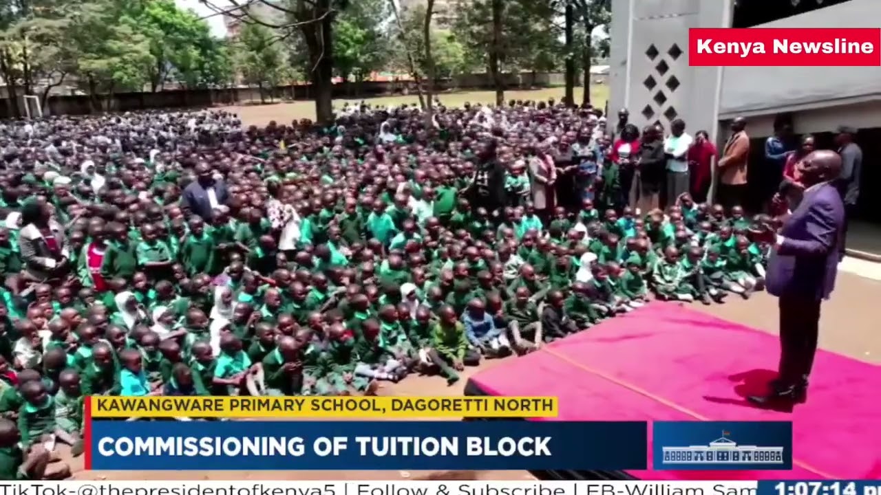 President Ruto engages with Kawangware primary school pupils during commissioning of Tuition block