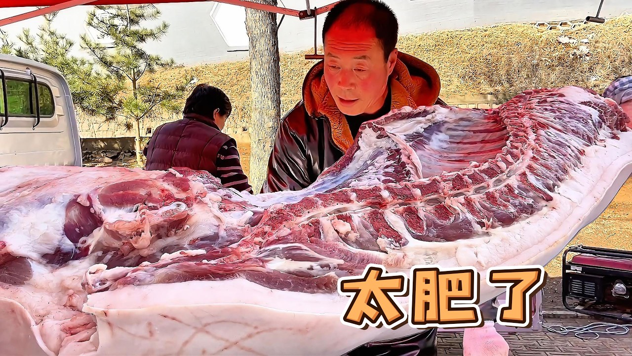500公斤大肥豬去掉肥膘還得10公分厚，肥肉刷白瘦肉冒油，排骨特價賣出白菜價【玖叔v​​log】#pork #猪肉 #玖叔vlog#华哥猪肉#玖叔猪肉#豬肉
