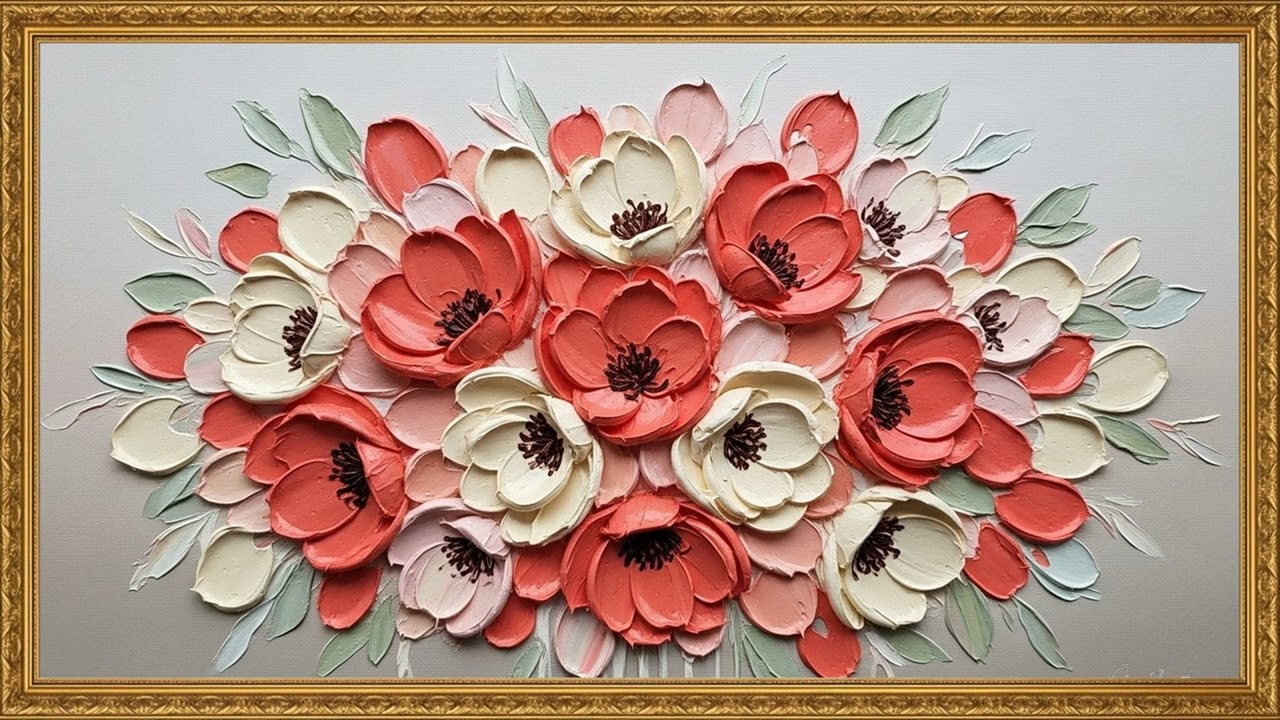 Textured Coral Blossom Canvas | Modern Raised Paint Detail