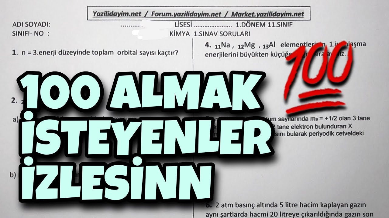 11.Sınıf Kimya 1.Dönem 1.Yazılı