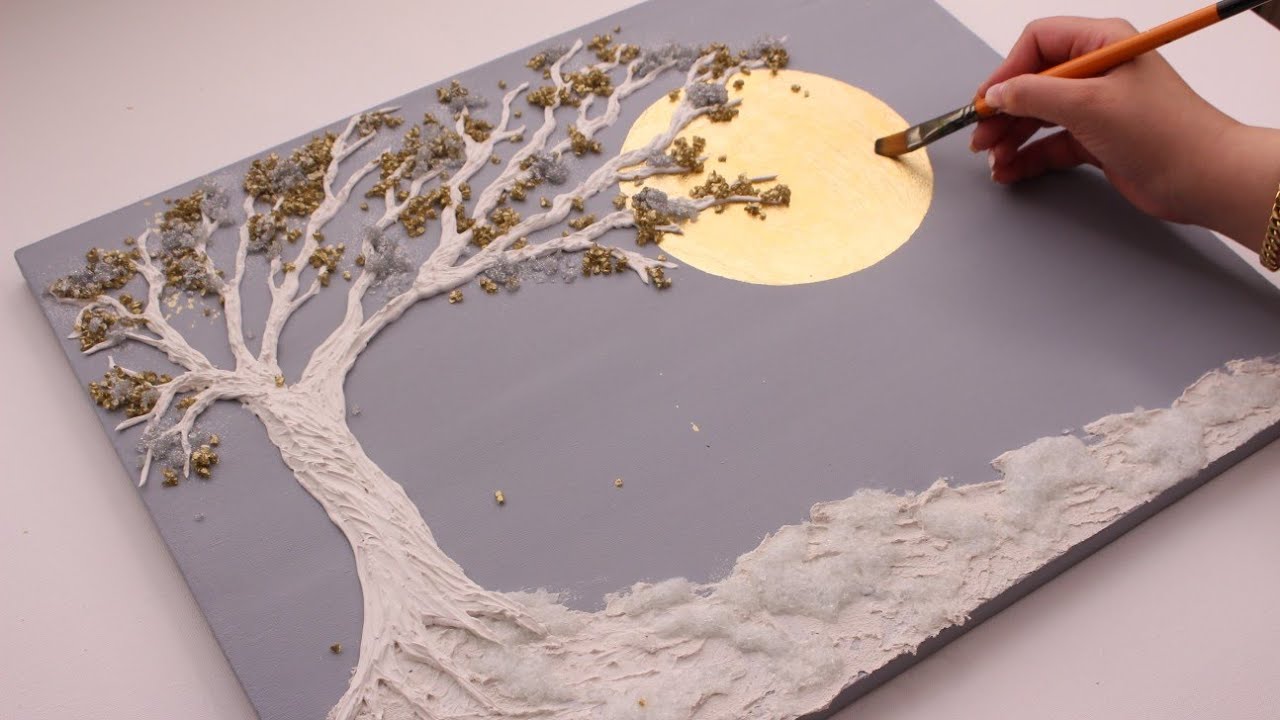 Textured Tree Art with Gold Leaf & Crystals | Moonlight Canvas Painting Tutorial