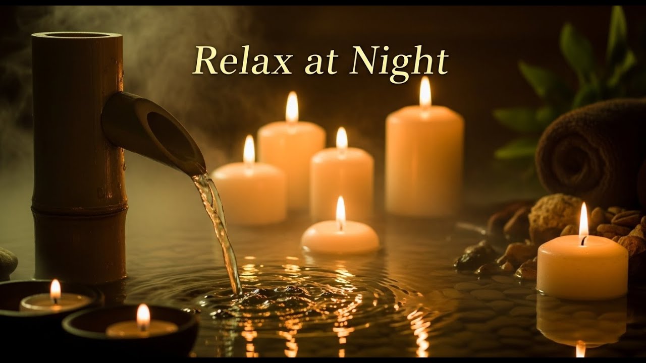 Tranquil Zen Water Reflection Bamboo Fountain and Candle Glow for Relaxation Meditation Sleep Peace