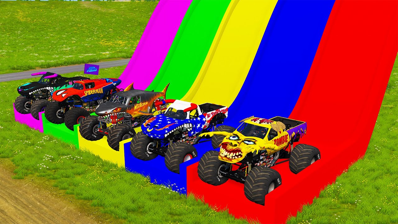 Double Flatbed Trailer Monster Trucks Transport with Slide Color - Cars vs Speed bump - BeamNG #91