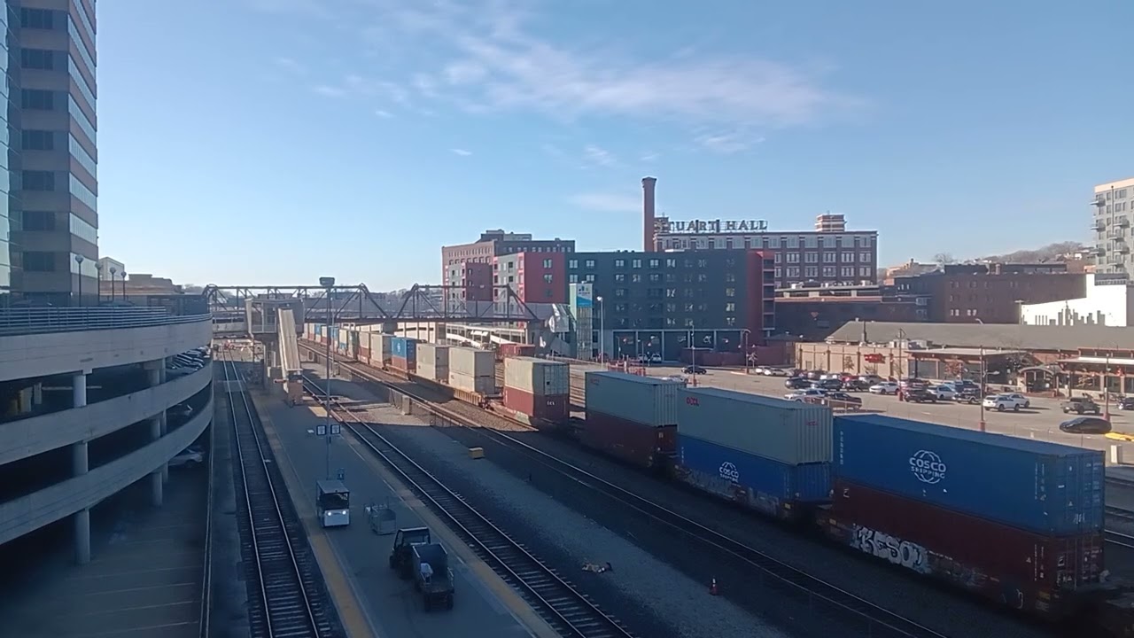 Bnsf 5061 leading double stack train going by union Station kansas city Missouri on Tue Jan 20 