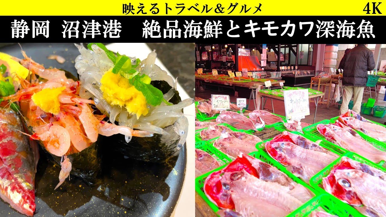 4K【激うま魚市場】沼津の名物の干物、絶品の駿河湾の寿司、ネタキモカワすぎる深海魚の鑑賞