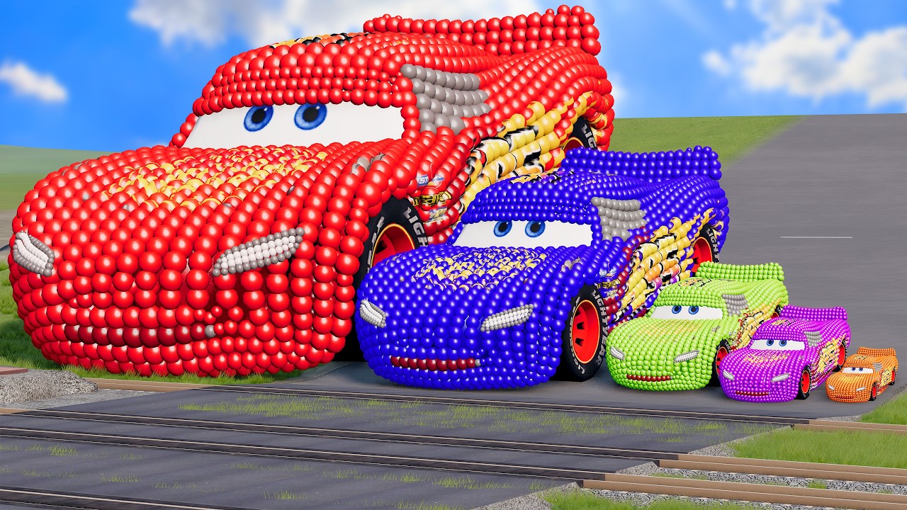 Big & Small Colors Lightning Mcqueen Made Of Balls vs Trains | BeamNG.Drive