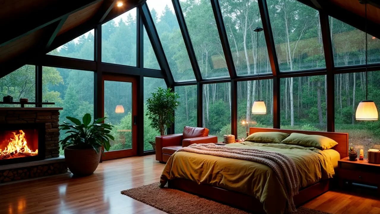 Heavy Rain on Glass Roof Cabin with Fireplace | Cozy Forest Bedroom Rain Sounds for Deep Sleep