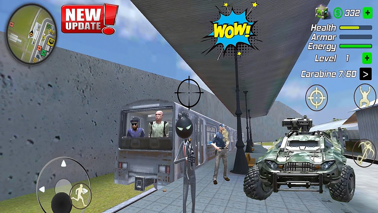 Amazing Crime Strange Stickman Rope Vice Vegas #114 Military Car vs Train