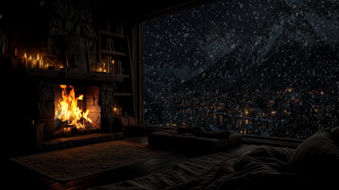 Tranquil Winter Night ❄️🔥for Ultimate Relaxation, Deep Sleep Snow Falling and Fireplace Warmth