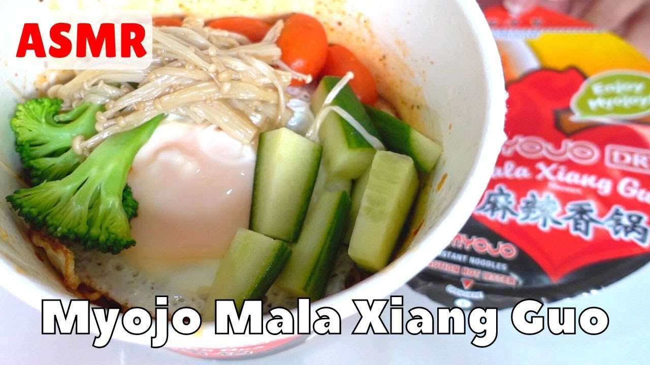 ASMR Whispers + Myojo Mala Xiang Guo 麻辣香锅 broccoli | enoki mushrooms | tomatoes | sunny side up 🍳