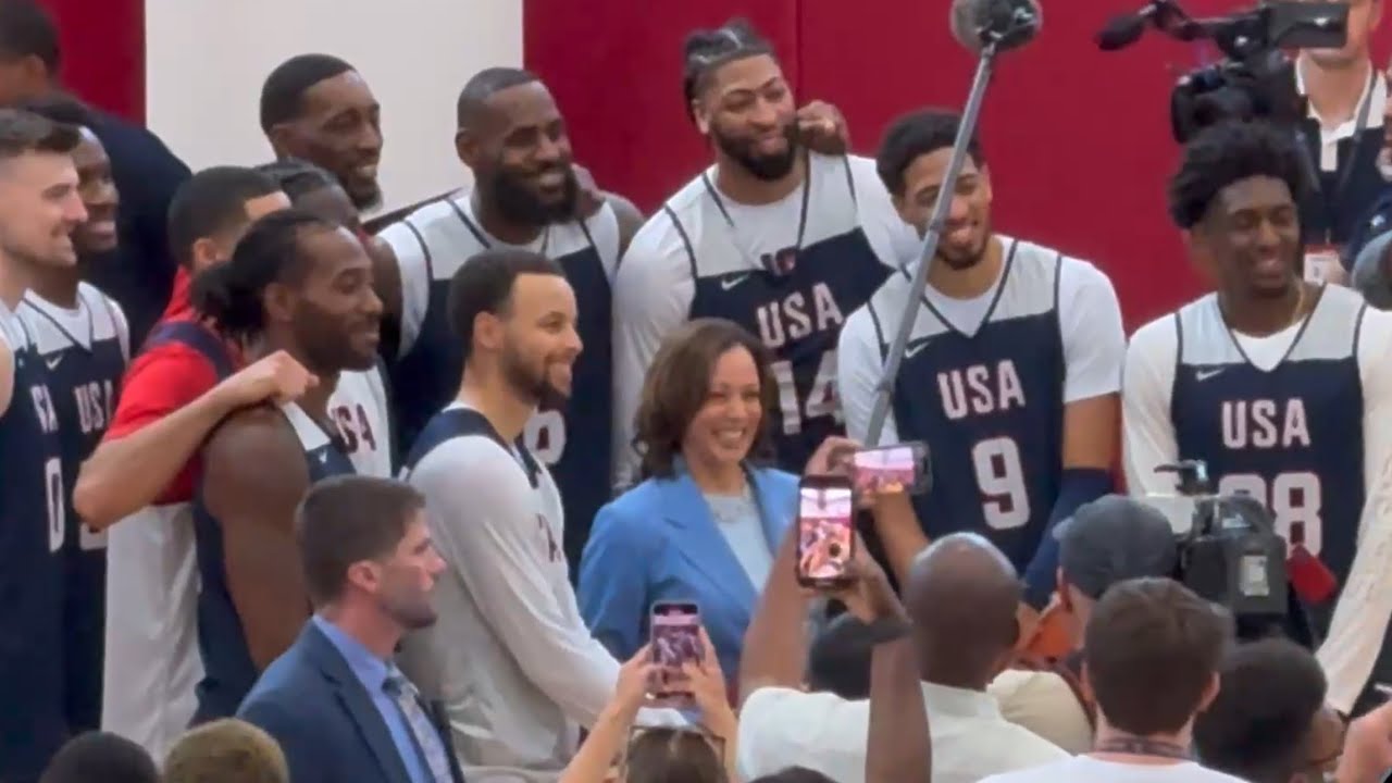 KAMALA HARRIS VISITS TEAM USA BASKETBALL AHEAD OF 2024 OLYMPICS; LEBRON, CURRY & TEAM PAY RESPECT