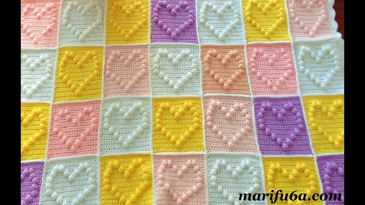 crochet popcorn heart blanket afghan