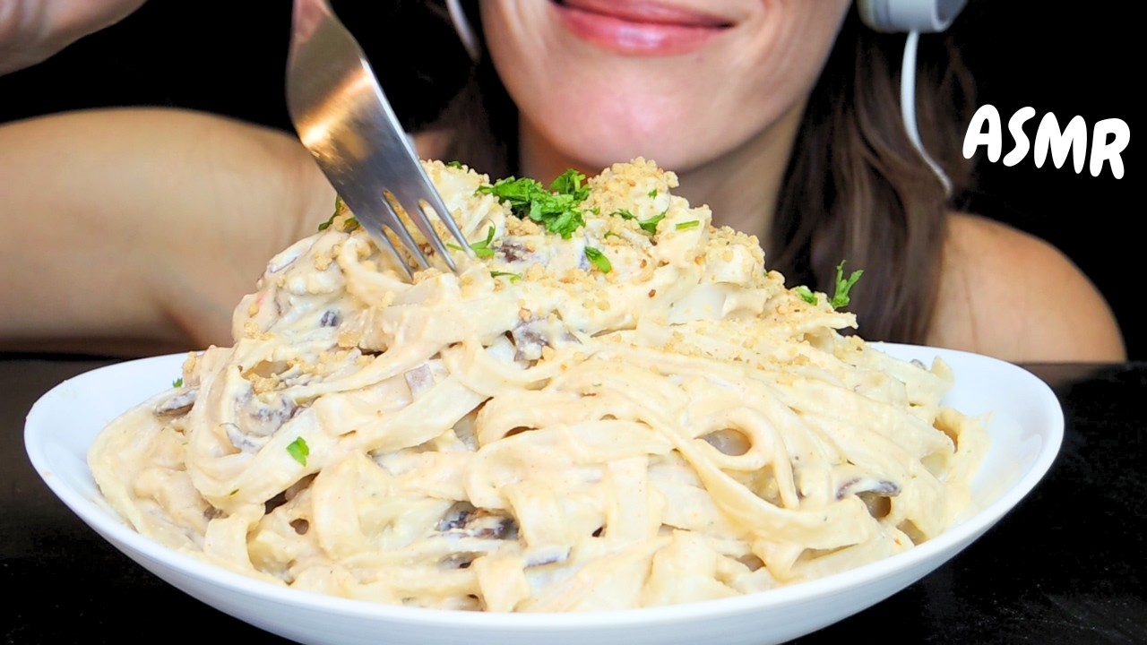 asmr creamy MUSHROOM pasta mukbang (no talking eating sounds)