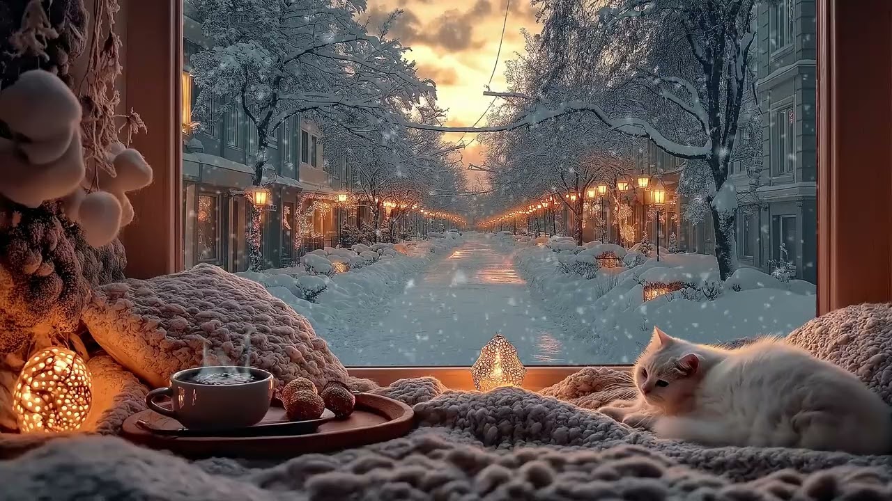 ❄️ Piano Winter Ambience | White Cat & Falling Snow for 3 Hours | Calm Meditation Focus Study Work