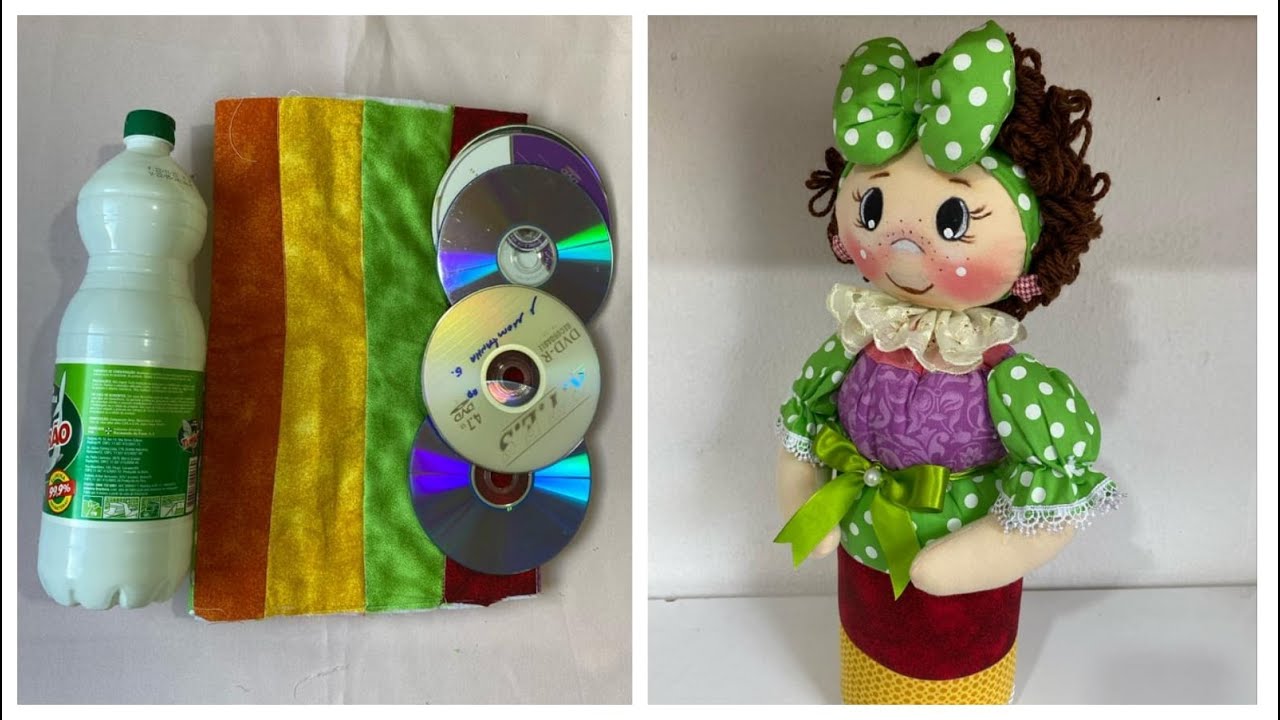 RECICLE e faça lindo artesanato!boneca peso de porta no cd!