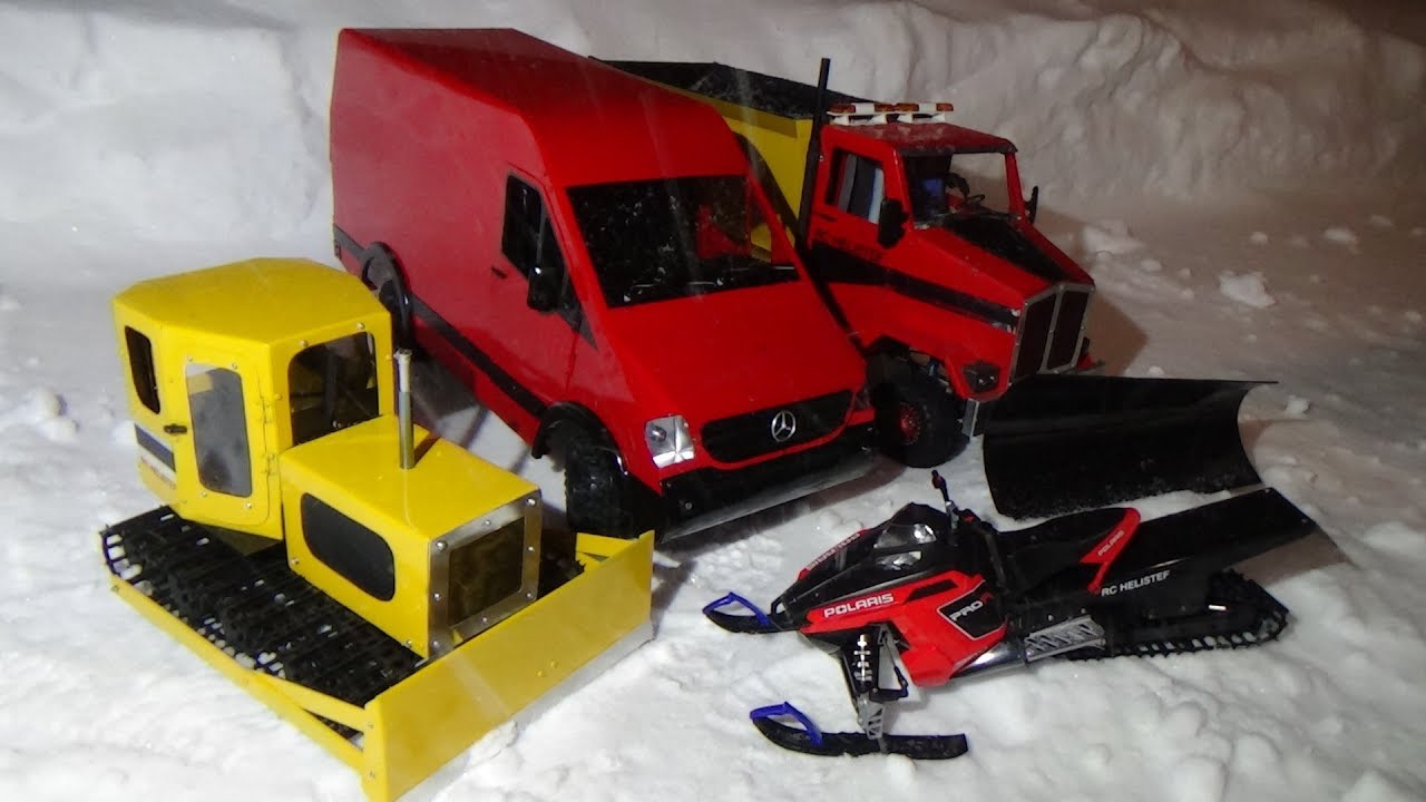 Long track rc snowmobile RMK,rc Mercedes-Benz sprinter,rc scale truck 6x6,buldozer in action.