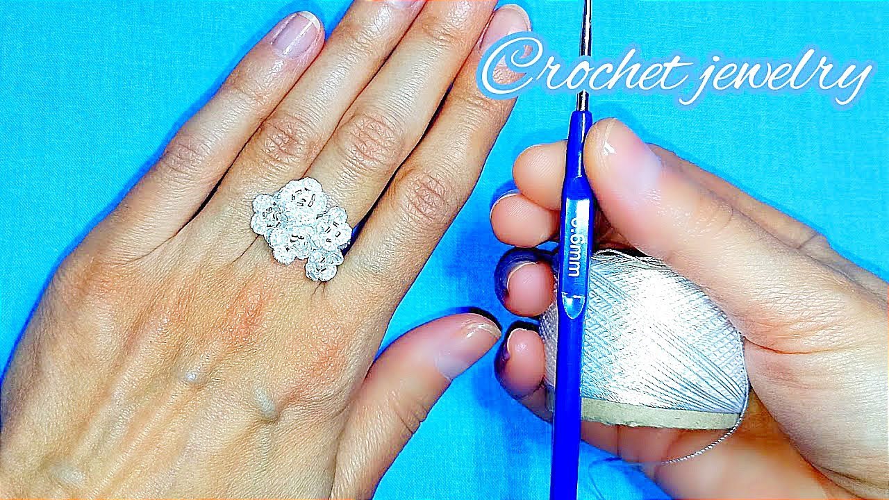 DIY delicate crochet jewelry, new handicraft technique. Tutorial how to crochet a ring with flowers