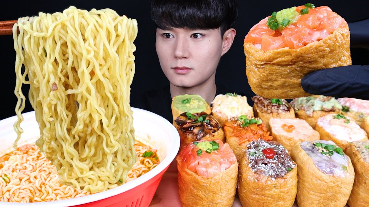 대왕 유부초밥 라면 먹방ASMR MUKBANG FRIED TOFU RICE BALLS & SPICY NOODLES いなり寿司 ラーメン eating sounds