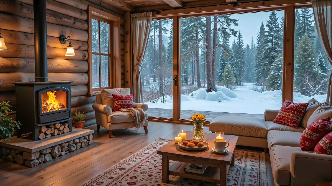 Cozy Winter Cabin Ambience ❄️ Soft Piano Music and Fireplace Sounds for Deep Relaxation