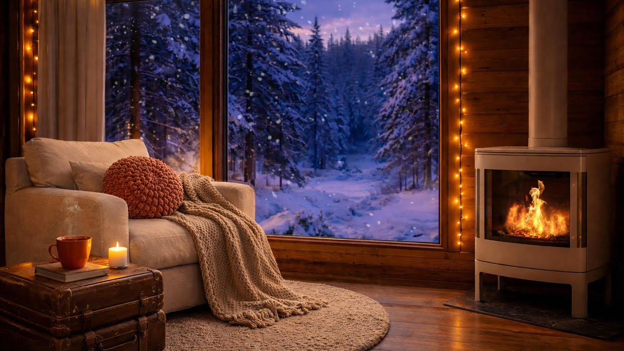 Silent Hours 4K | Cozy Winter Cabin Fireplace 🔥 Snowfall Ambience for Relax, Study & Sleep