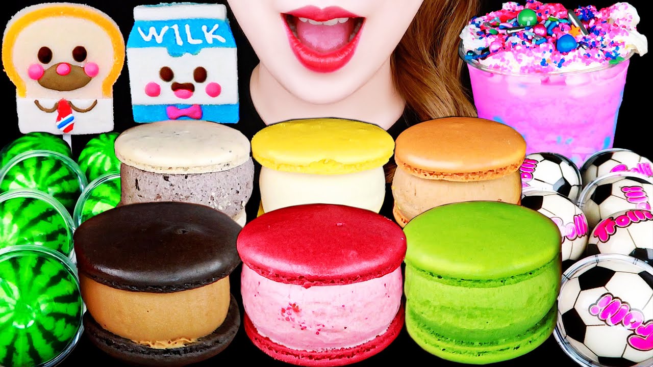 ASMR MACRON, UNICORN FRAPPE, WATERMELONE JLLEY, SOCCER BALL 뚱카롱 파티 먹방 EATING SOUNDS MUKBANG 咀嚼音