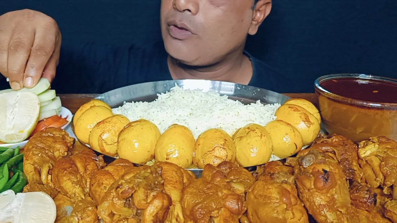 Eating Huge Spicy Chicken Leg Piece Curry | Spicy Egg Curry | Spicy Gravy | Basmati Rice || Mukbang