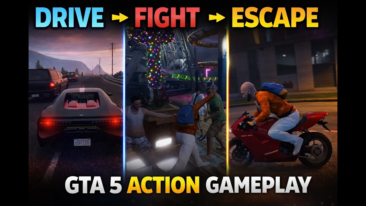 GTA 5 Action Gameplay | Car Drive, Street Fight & Bike Escape Mission