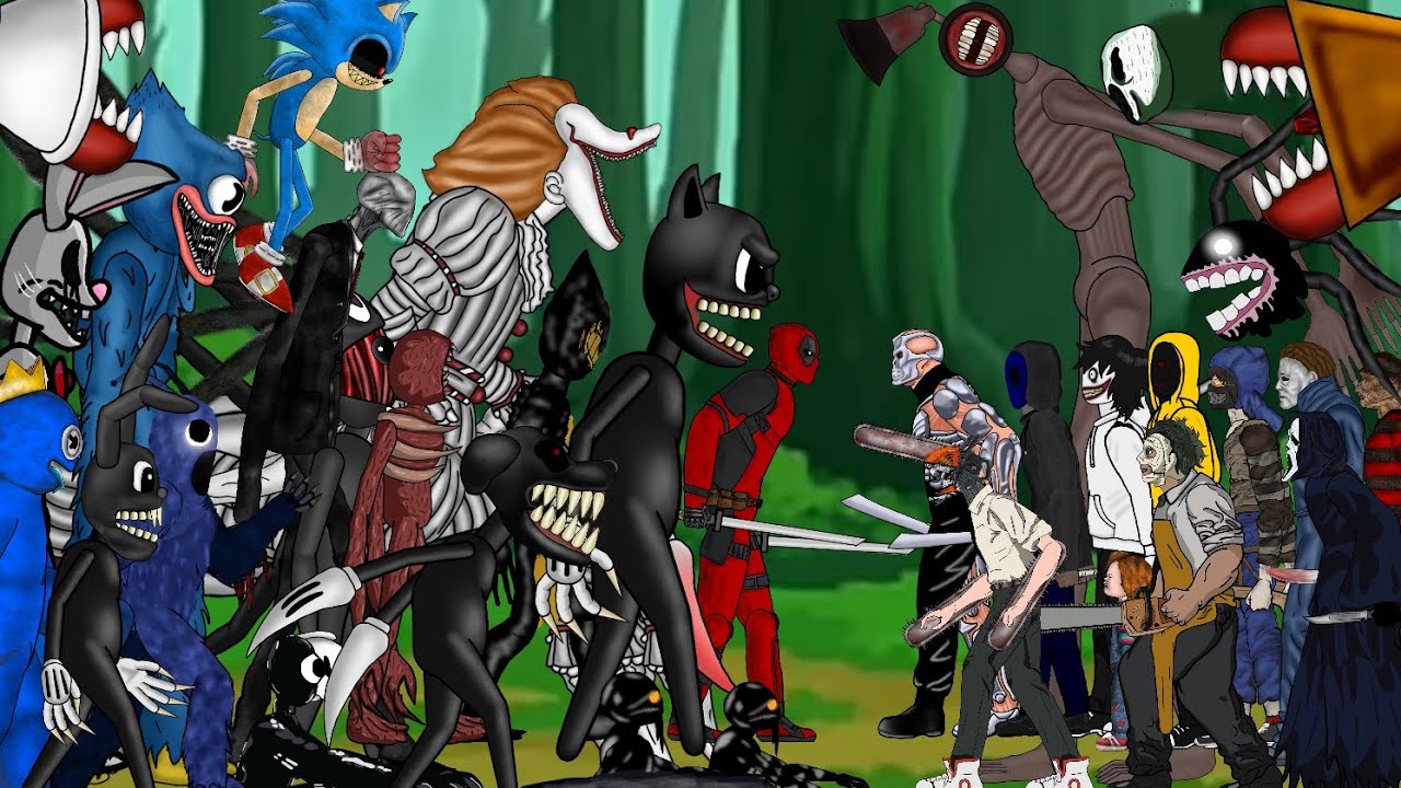 Cartoon Cat Vs Chainsaw Man,Siren Head,Bendy, Huggy Wuggy,Seek,Mr Hopp,s, Slenderman,It,Sonic.Exe...