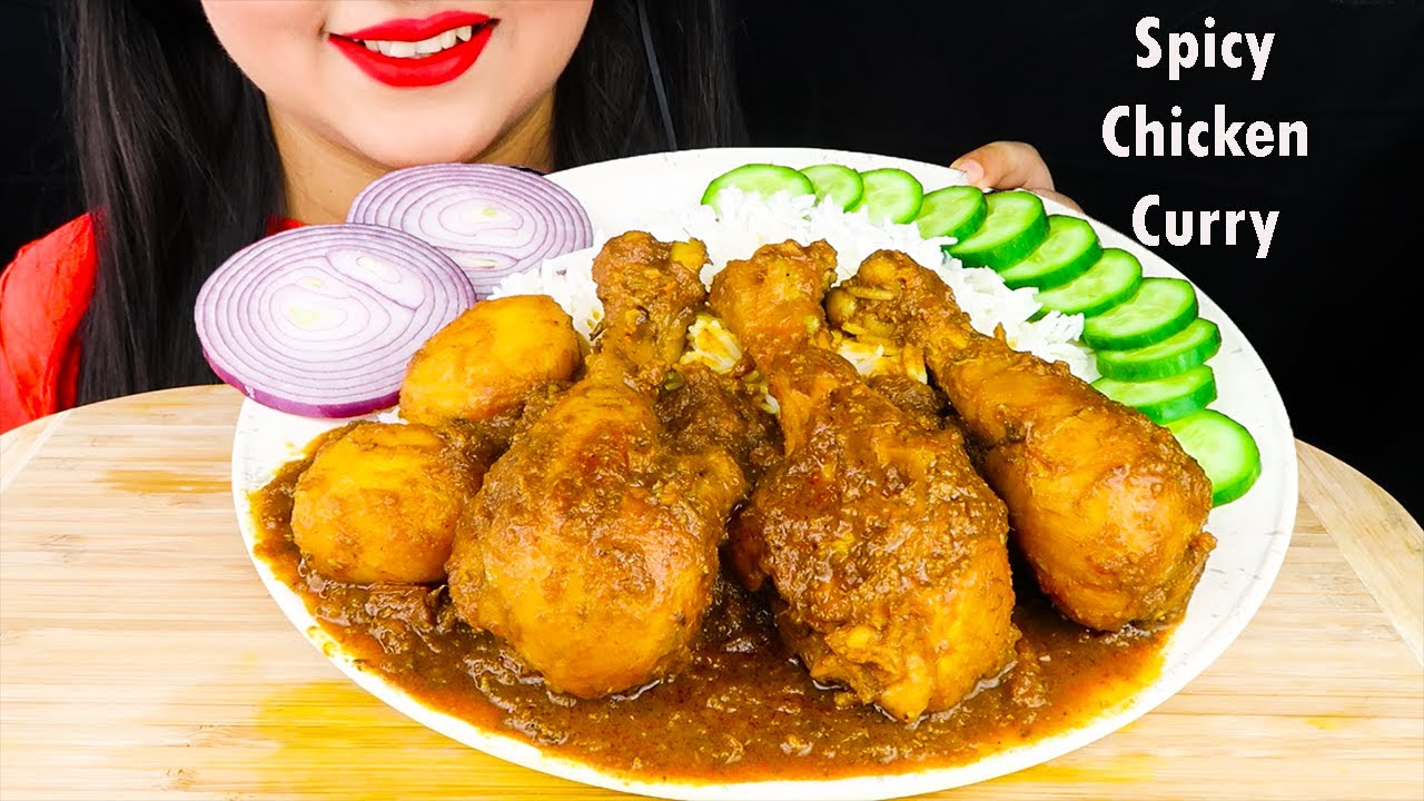 Eating SPICY CHICKEN CURRY with Basmati RICE|Eating Indian Food (Real Sounds Eating Show)