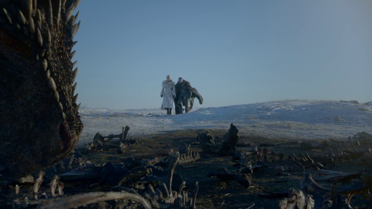 Jon and Denerys ride drogo and rhegar dragons.Game of thrones s8e1