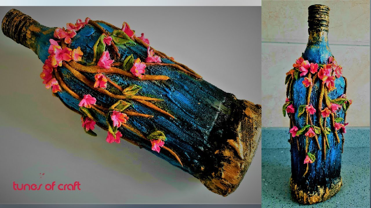 Altered glass bottle tutorial with clay flowers | glass bottle art ideas | clay art painting ideas