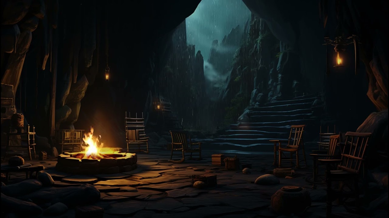 Rain and Gentle Thunder in Cave 🌙 Cozy Fireplace Sounds for Stress Relief, Rest, and Peaceful Sleep