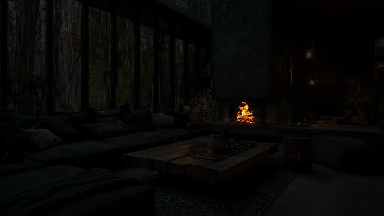 Rain Flowing Softly Through Woodland Paths | Warm Fireplace Indoors Ambience Natural Rain Sounds