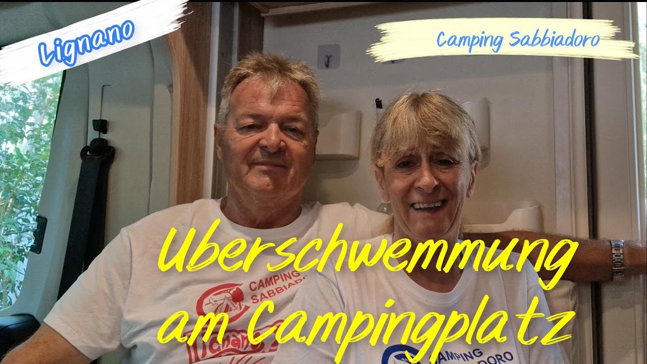 Camping Lignano Sabbiadoro 2024 in der Hochsaison. Straßen am Campingplatz nach Gewitter überflutet.